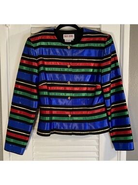 Maggy London Blue Red Green Striped Satin Jacket
